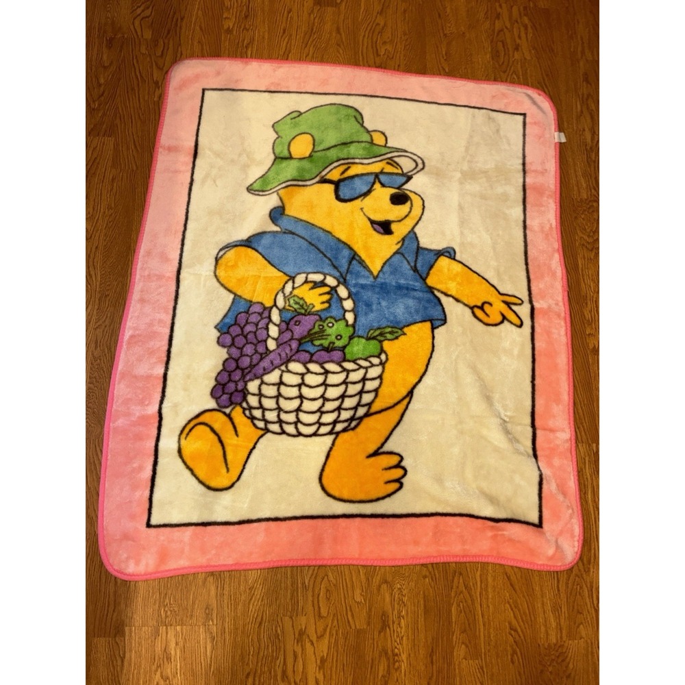 Vintage HTF Disney Winnie Pooh In Sunglasses Kids Plush Blanket SOFT 51 x 43"